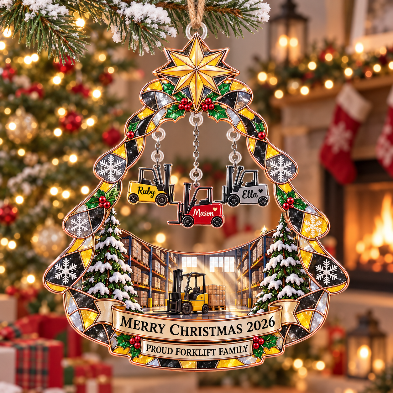 Stained-glass acrylic Christmas ornament with "PROUD FORKLIFT FAMILY" and personalised name charms