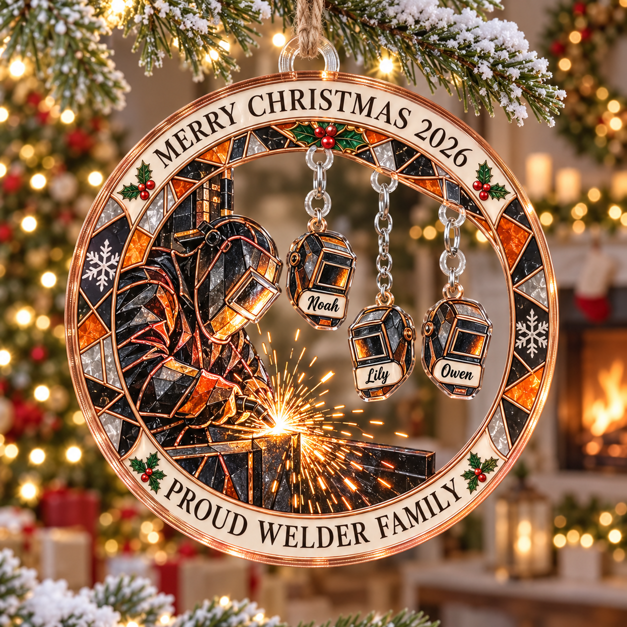 Stained-glass acrylic Christmas ornament with "PROUD WELDER FAMILY" and personalised name charms