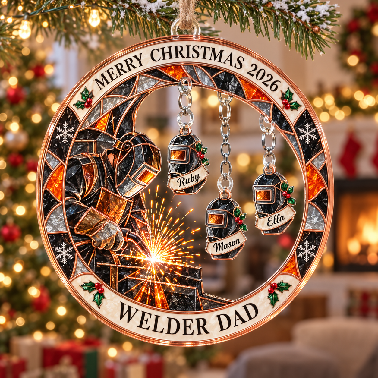 Stained-glass acrylic Christmas ornament with "WELDER DAD" and personalised name charms