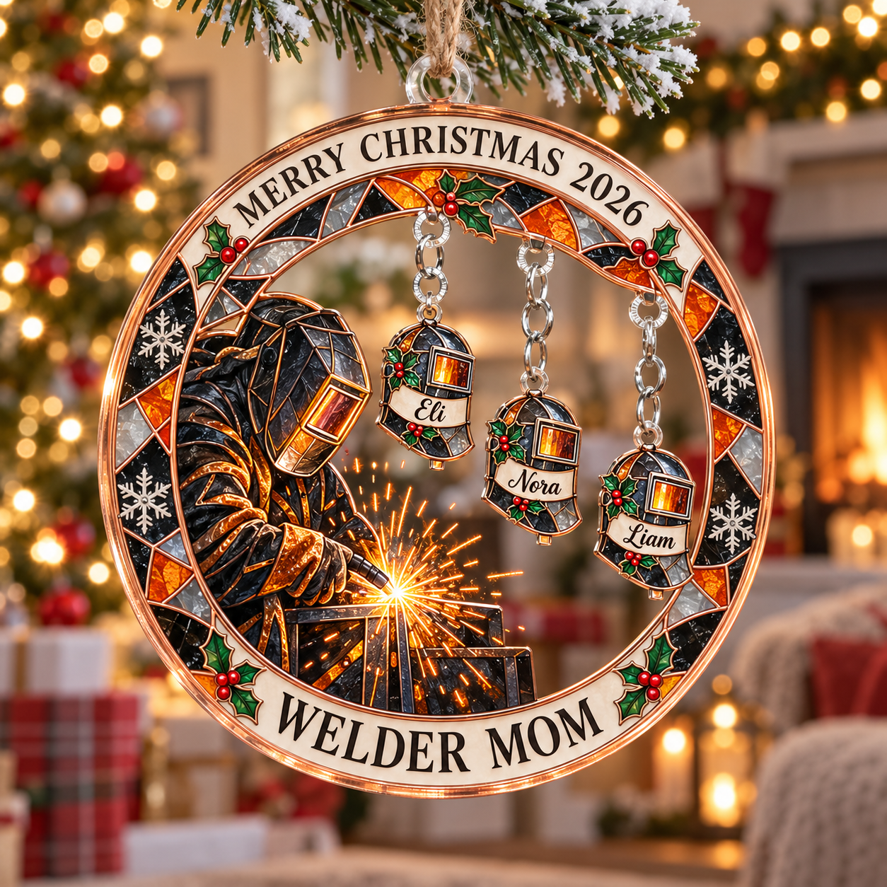 Stained-glass acrylic Christmas ornament with "WELDER MOM" and personalised name charms