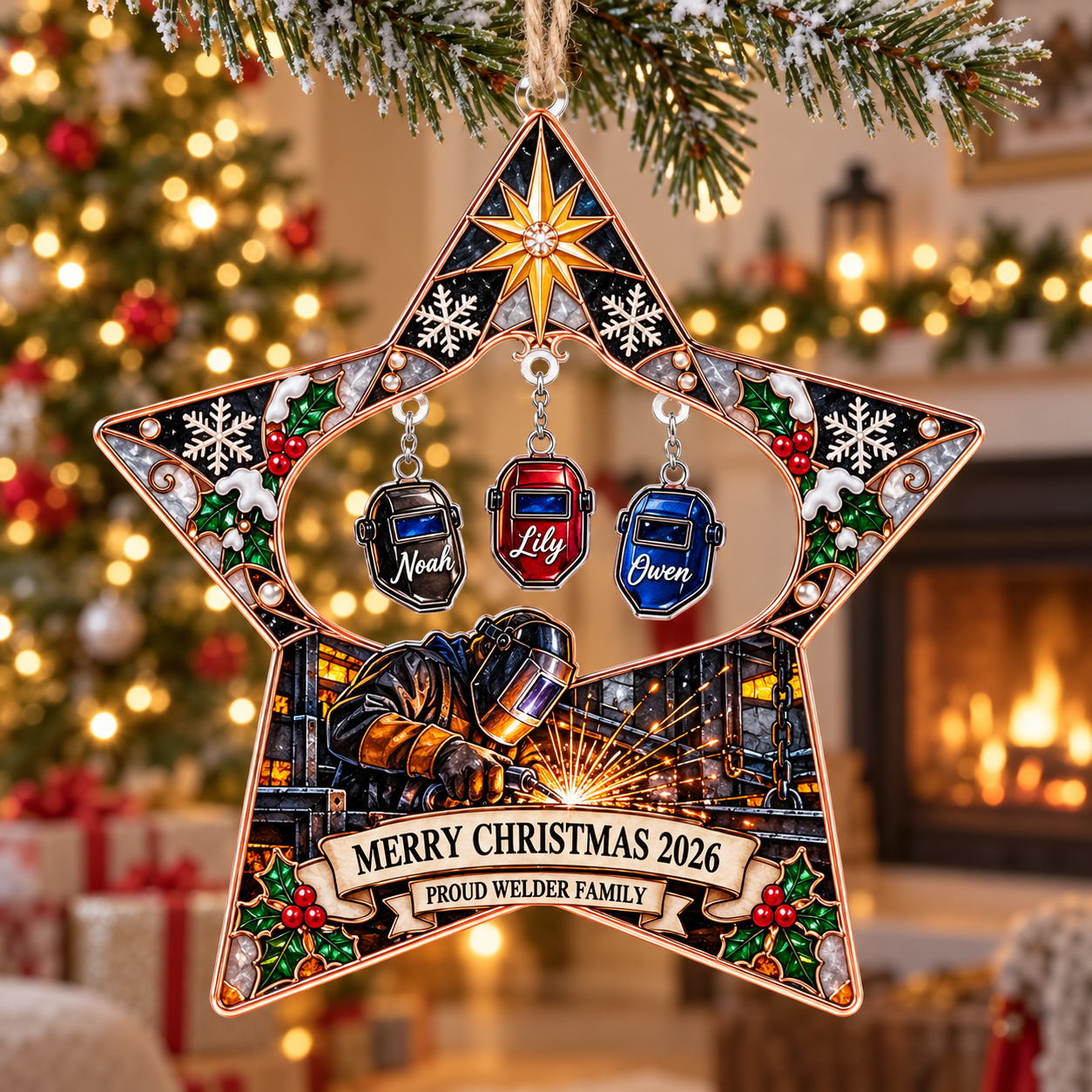 Stained-glass acrylic Christmas ornament with "PROUD WELDER FAMILY" and personalised name charms