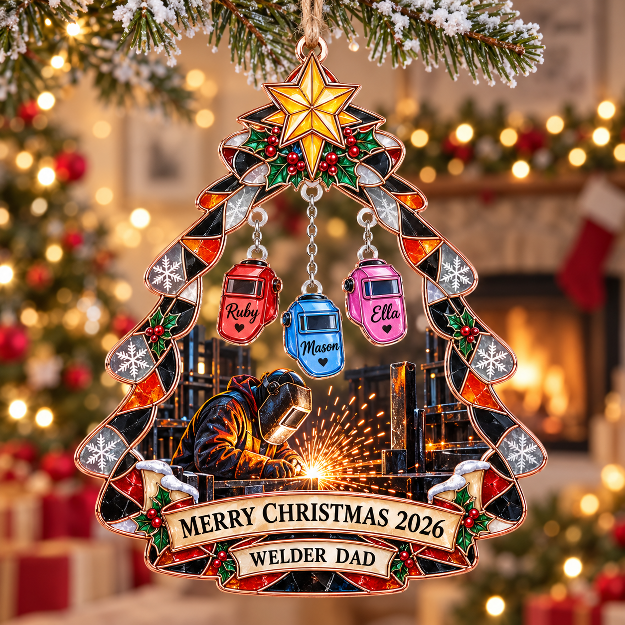 Stained-glass acrylic Christmas ornament with "WELDER DAD" and personalised name charms