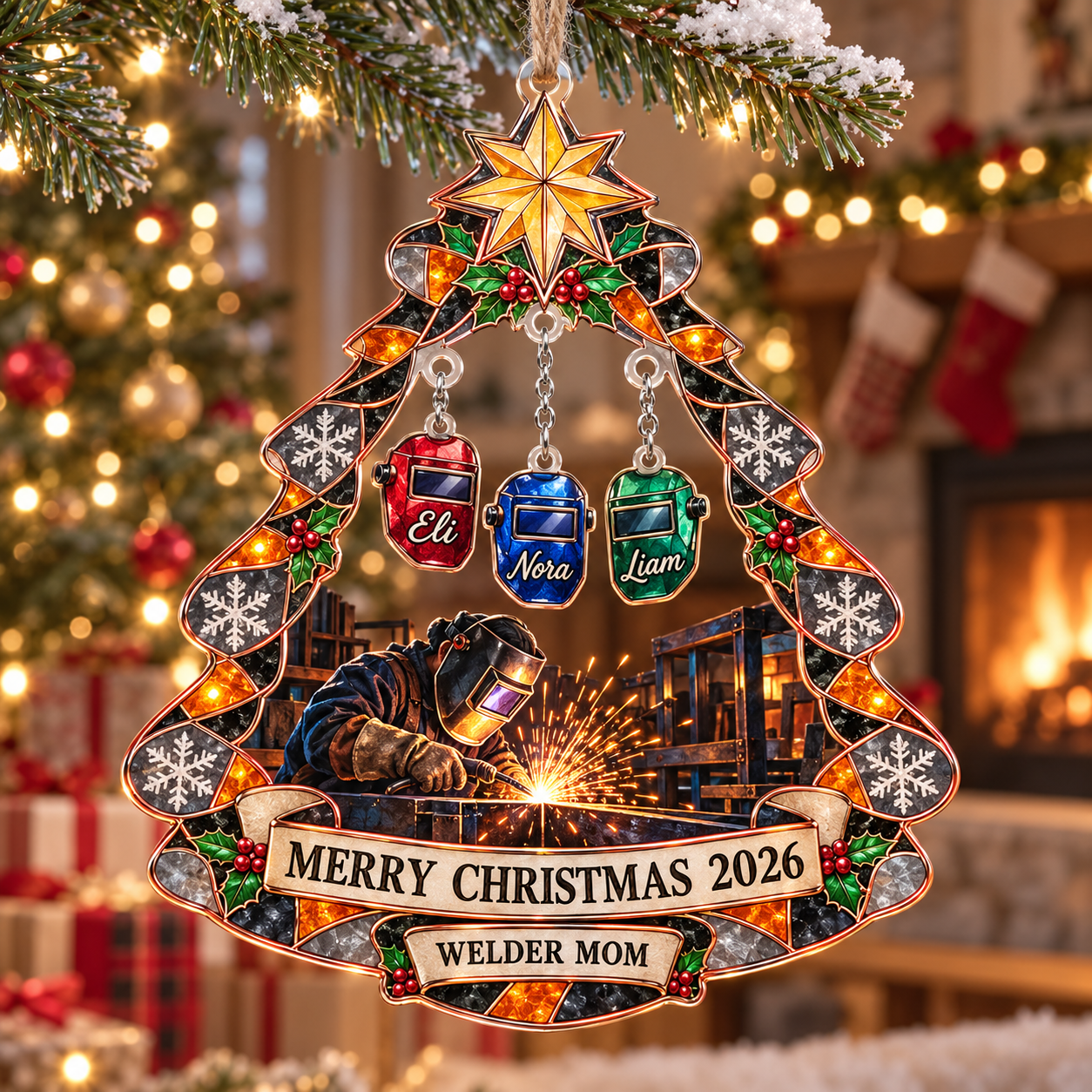 Stained-glass acrylic Christmas ornament with "WELDER MOM" and personalised name charms