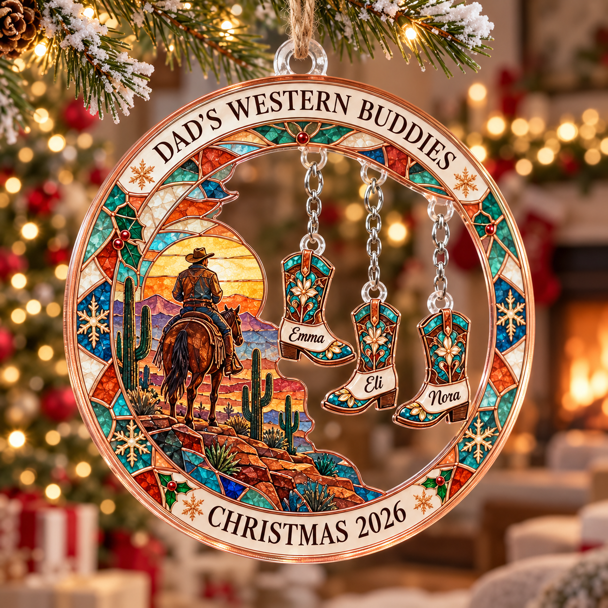 Stained-glass acrylic Christmas ornament with "DAD'S WESTERN BUDDIES" and personalised name charms