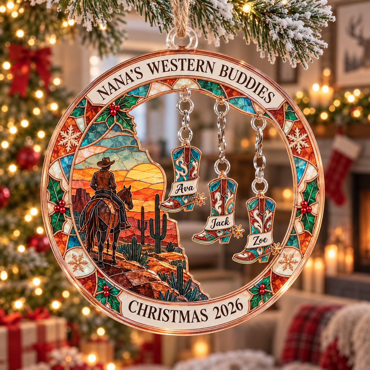 Stained-glass acrylic Christmas ornament with "NANA'S WESTERN BUDDIES" and personalised name charms