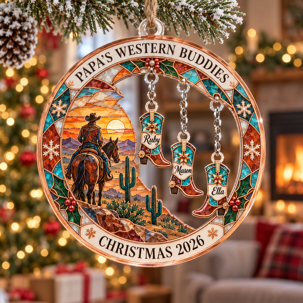 Stained-glass acrylic Christmas ornament with "PAPA'S WESTERN BUDDIES" and personalised name charms