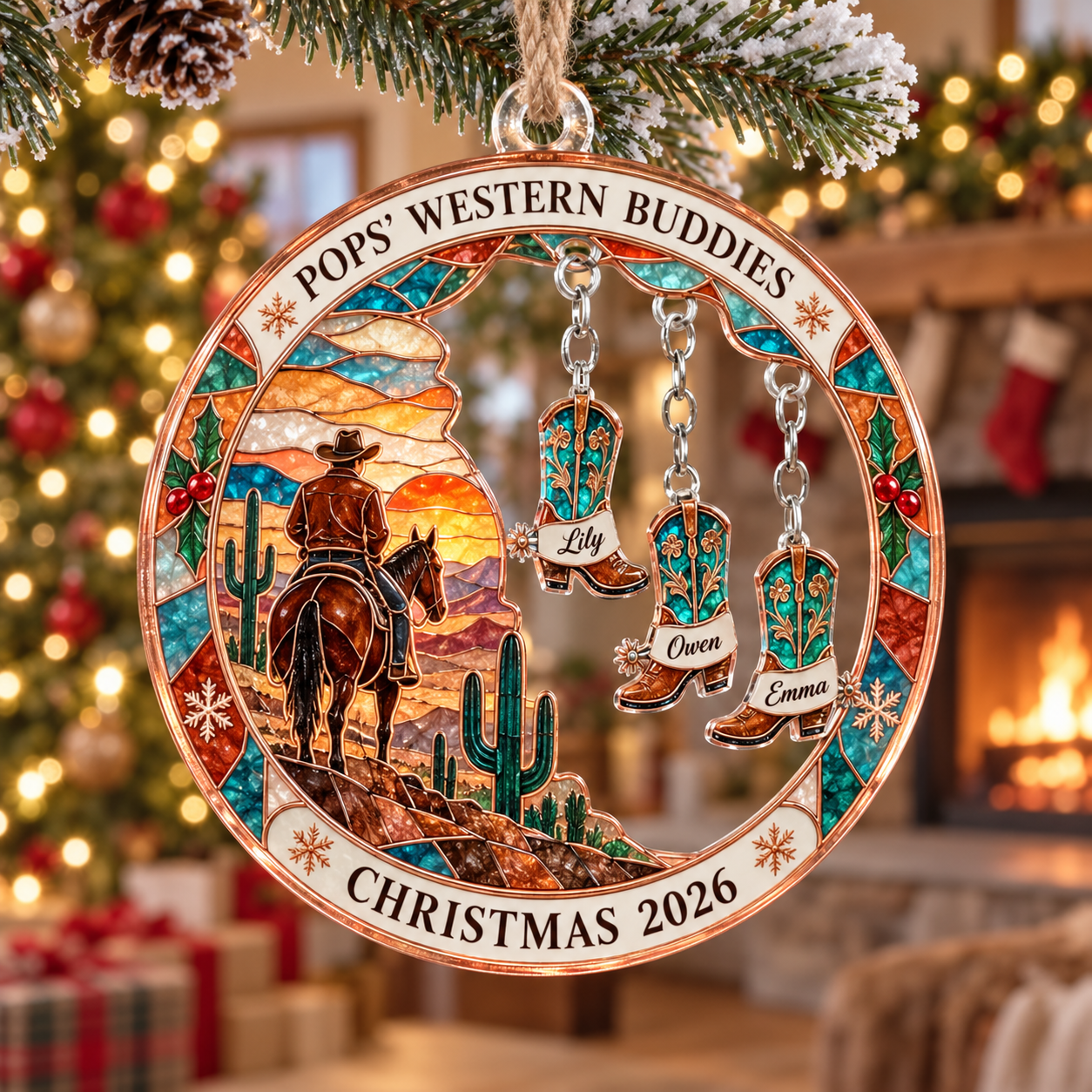 Stained-glass acrylic Christmas ornament with "POPS' WESTERN BUDDIES" and personalised name charms