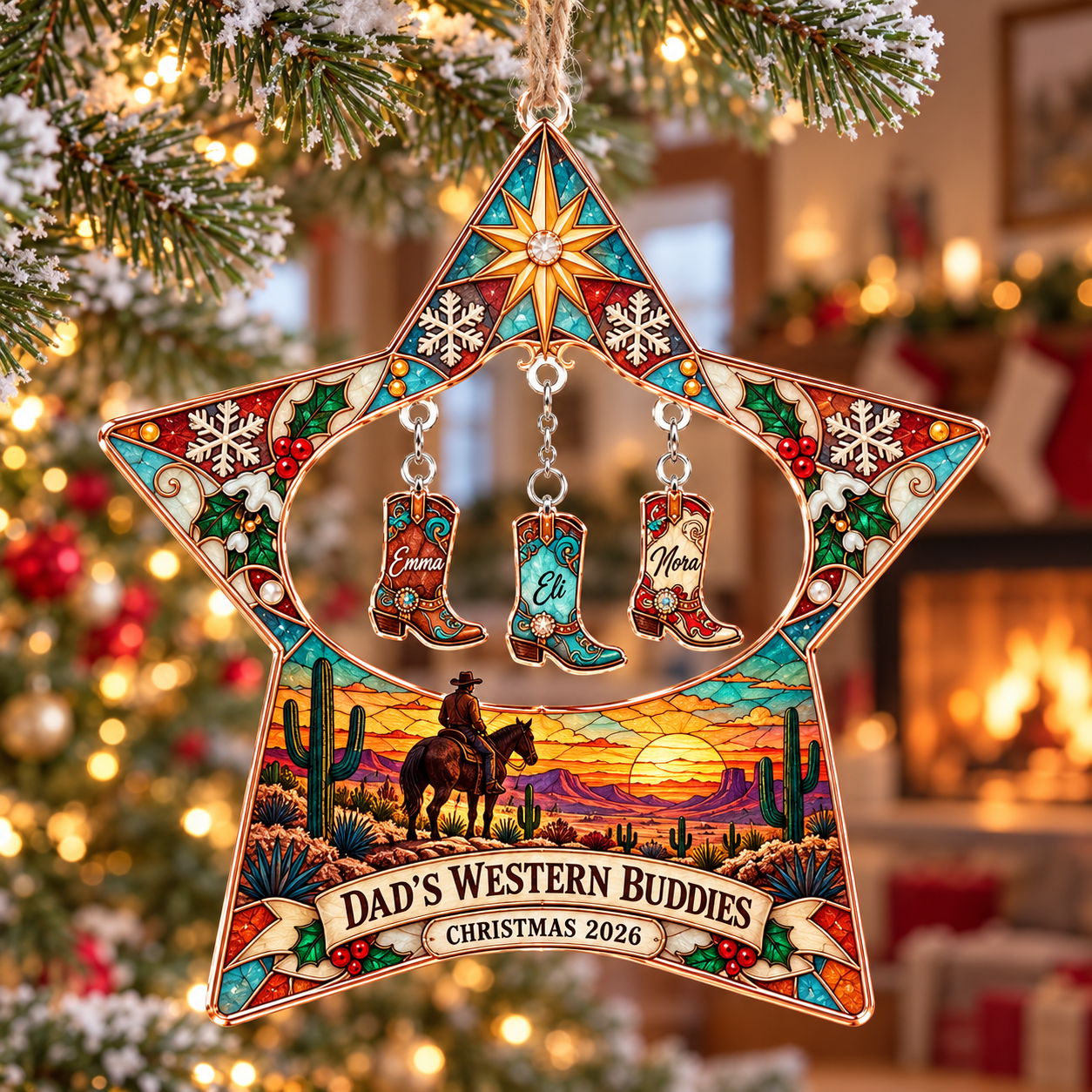 Stained-glass acrylic Christmas ornament with "DAD'S WESTERN BUDDIES" and personalised name charms