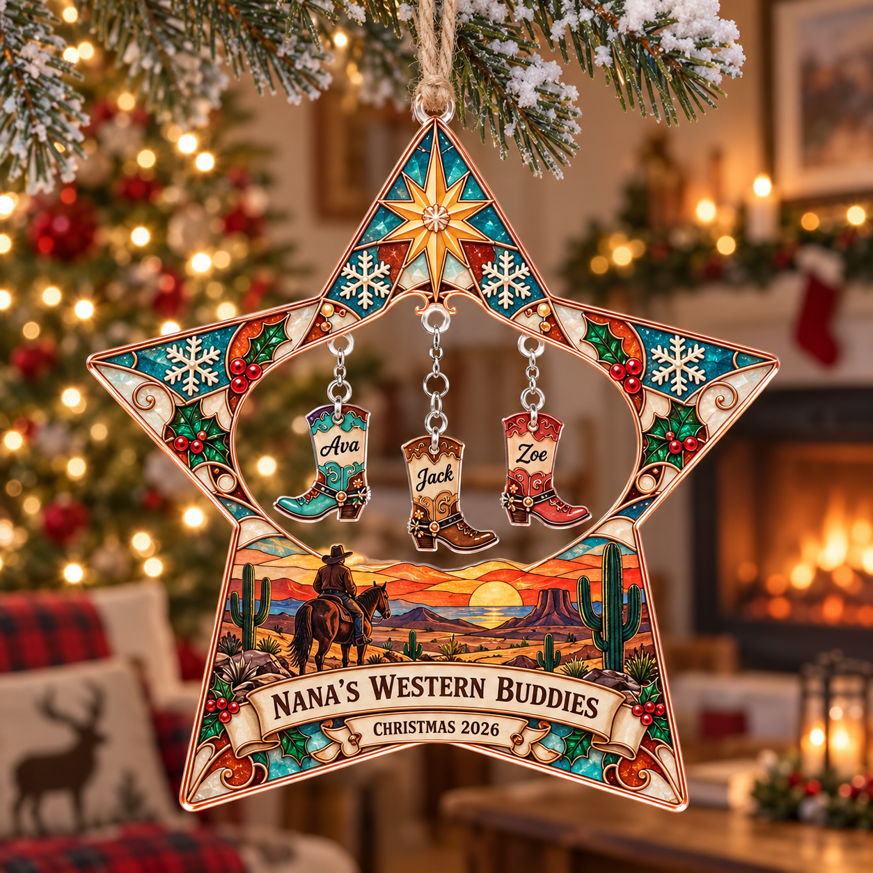 Stained-glass acrylic Christmas ornament with "NANA'S WESTERN BUDDIES" and personalised name charms