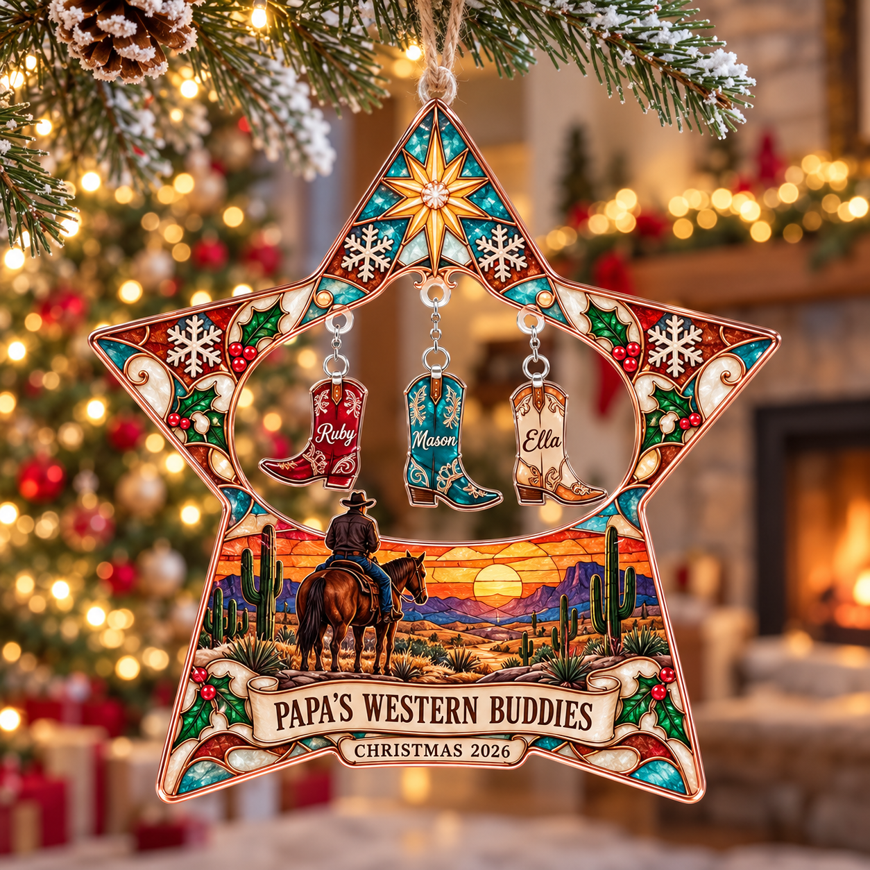 Stained-glass acrylic Christmas ornament with "PAPA'S WESTERN BUDDIES" and personalised name charms