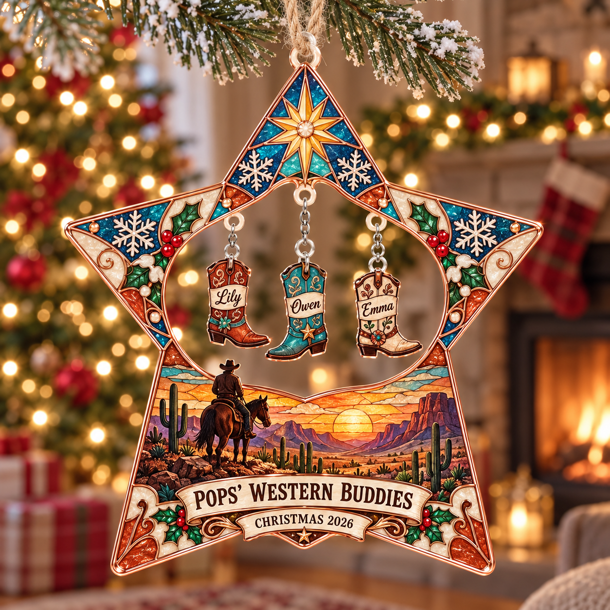 Stained-glass acrylic Christmas ornament with "POPS' WESTERN BUDDIES" and personalised name charms
