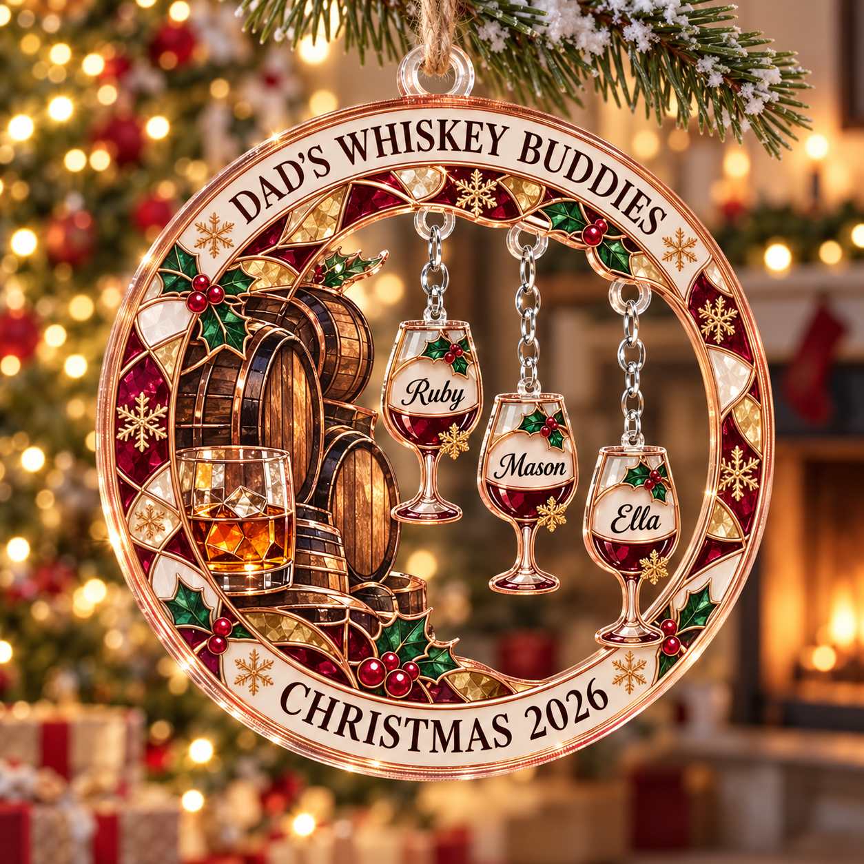 Stained-glass acrylic Christmas ornament with "DAD'S WHISKEY BUDDIES" and personalised name charms