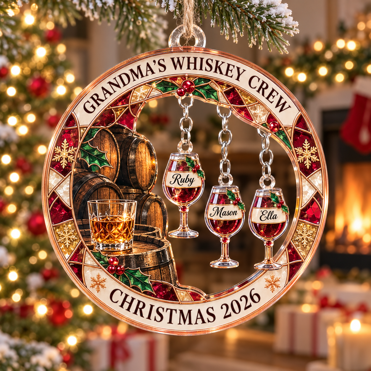 Stained-glass acrylic Christmas ornament with "GRANDMA'S WHISKEY CREW" and personalised name charms