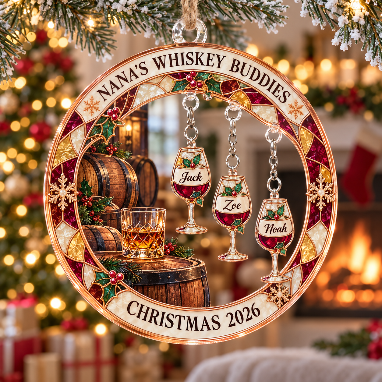 Stained-glass acrylic Christmas ornament with "NANA'S WHISKEY BUDDIES" and personalised name charms