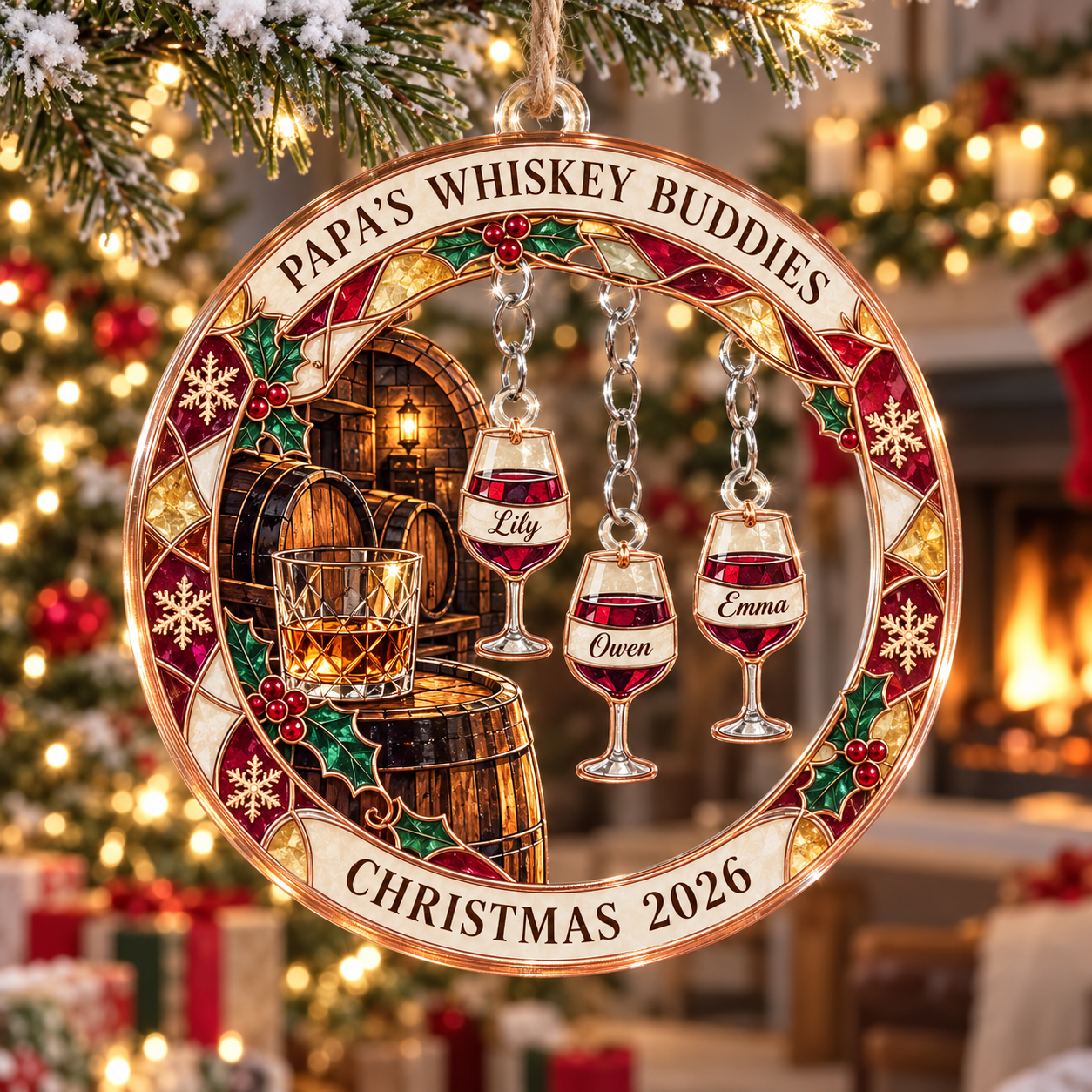 Stained-glass acrylic Christmas ornament with "PAPA'S WHISKEY BUDDIES" and personalised name charms