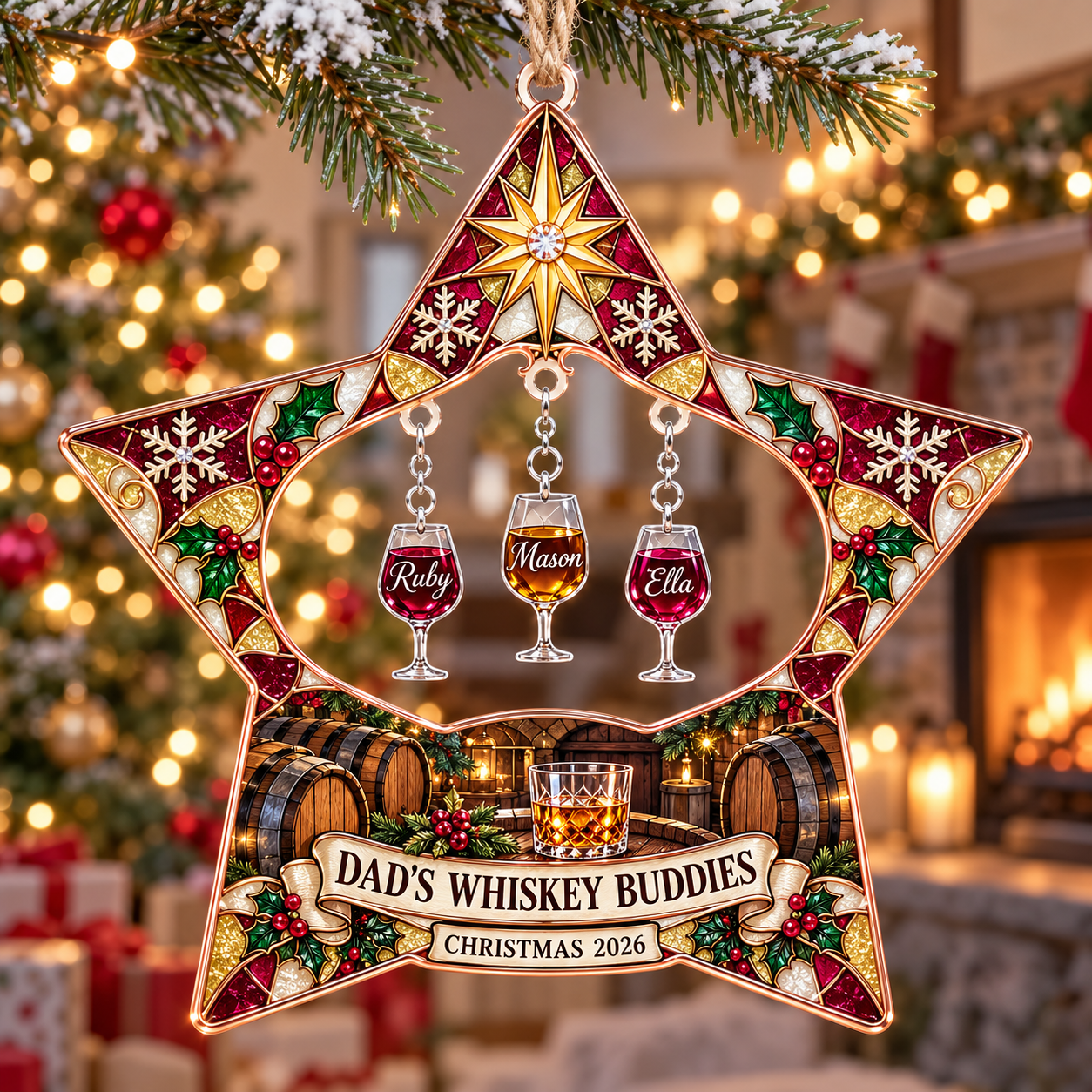 Stained-glass acrylic Christmas ornament with "DAD'S WHISKEY BUDDIES" and personalised name charms