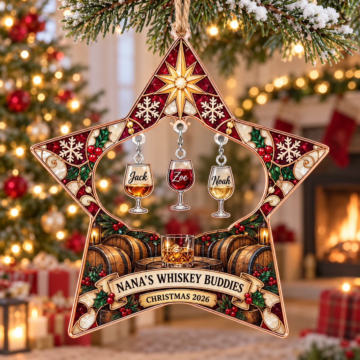 Stained-glass acrylic Christmas ornament with "NANA'S WHISKEY BUDDIES" and personalised name charms