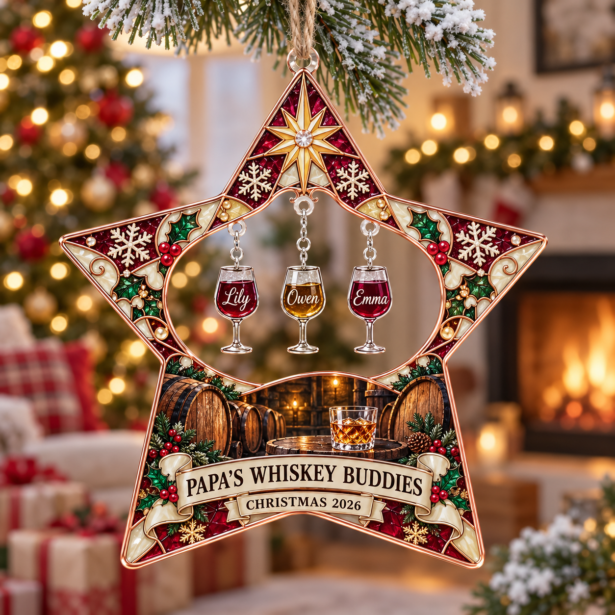 Stained-glass acrylic Christmas ornament with "PAPA'S WHISKEY BUDDIES" and personalised name charms