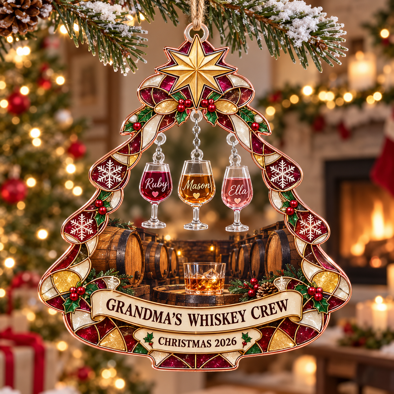 Stained-glass acrylic Christmas ornament with "GRANDMA'S WHISKEY CREW" and personalised name charms