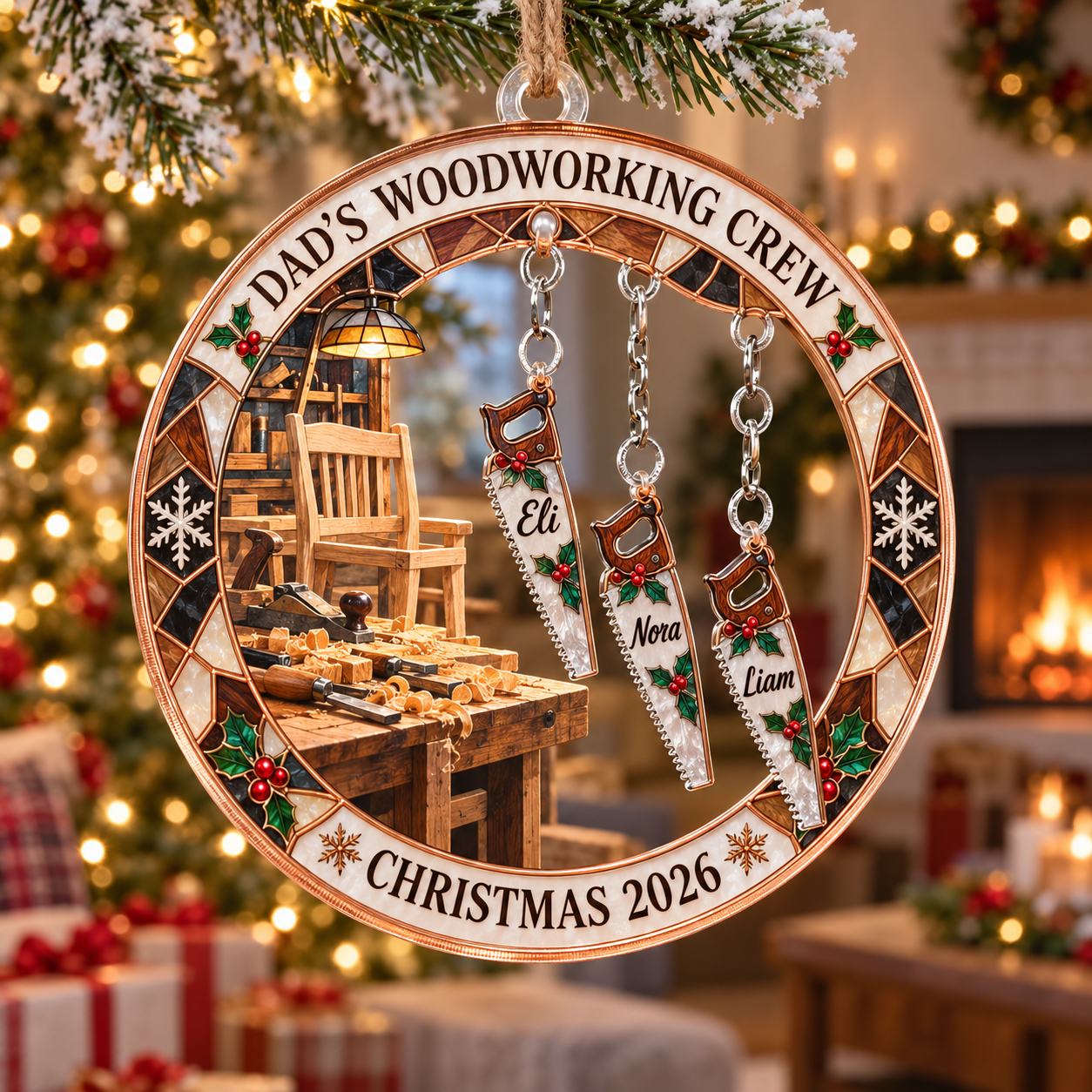 Stained-glass acrylic Christmas ornament with "DAD'S WOODWORKING CREW" and personalised name charms