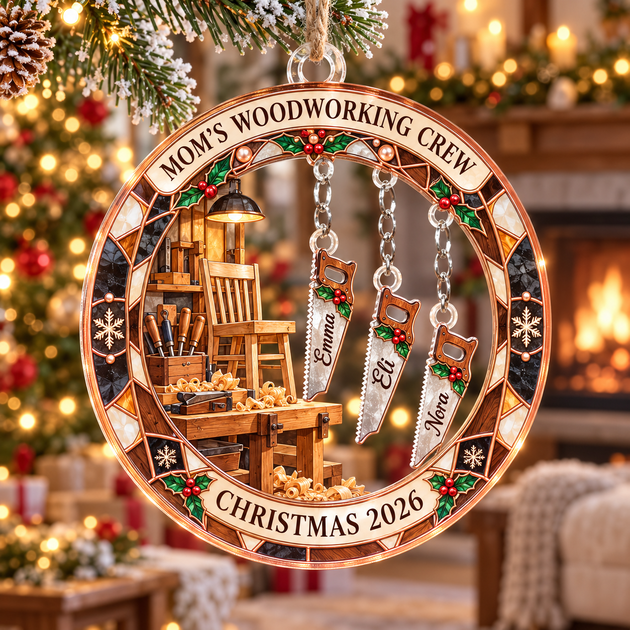 Stained-glass acrylic Christmas ornament with "MOM'S WOODWORKING CREW" and personalised name charms