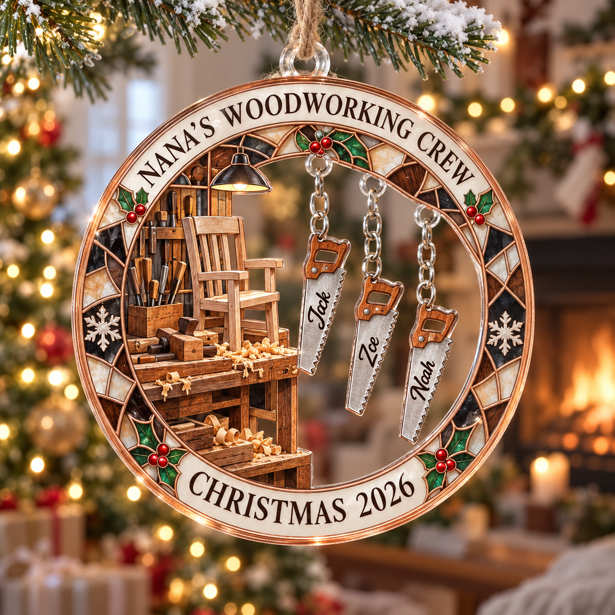 Stained-glass acrylic Christmas ornament with "NANA'S WOODWORKING CREW" and personalised name charms