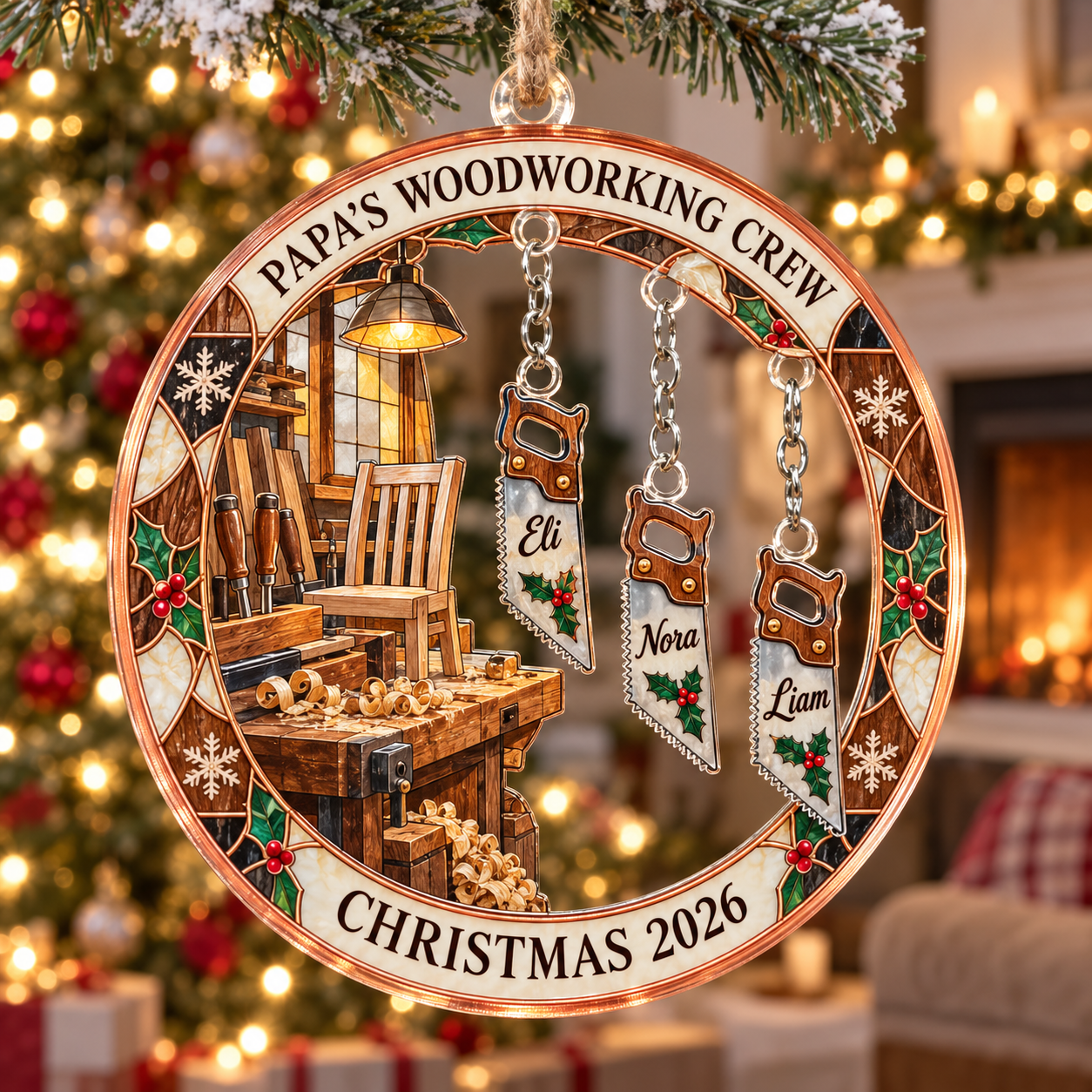 Stained-glass acrylic Christmas ornament with "PAPA'S WOODWORKING CREW" and personalised name charms