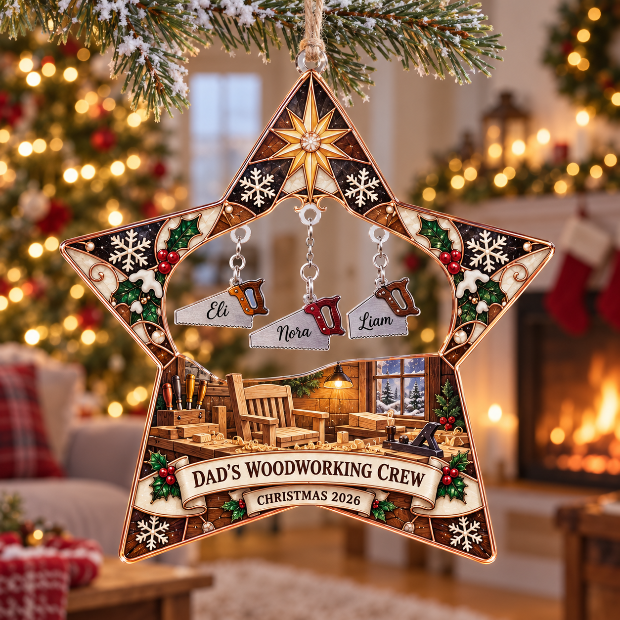 Stained-glass acrylic Christmas ornament with "DAD'S WOODWORKING CREW" and personalised name charms