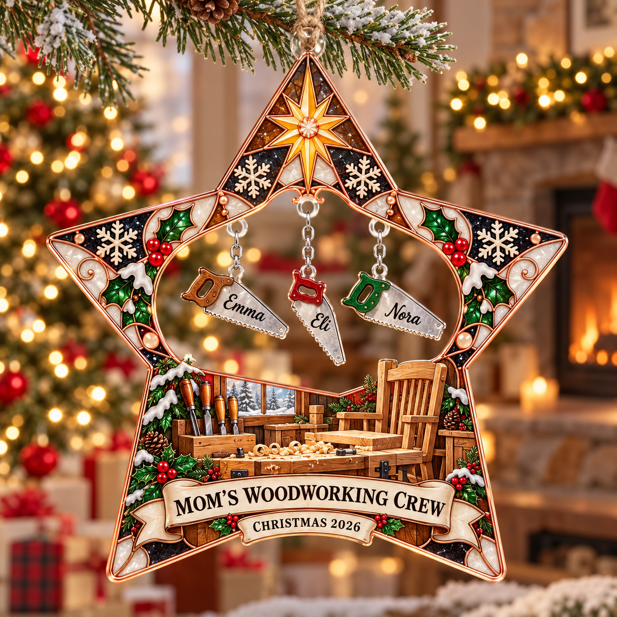 Stained-glass acrylic Christmas ornament with "MOM'S WOODWORKING CREW" and personalised name charms