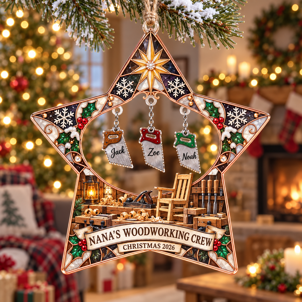 Stained-glass acrylic Christmas ornament with "NANA'S WOODWORKING CREW" and personalised name charms