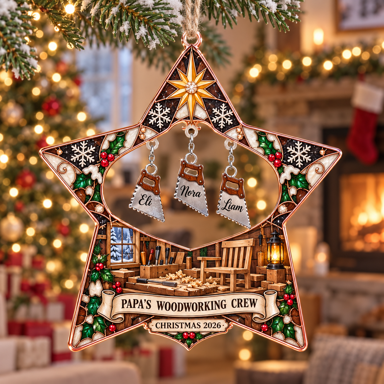 Stained-glass acrylic Christmas ornament with "PAPA'S WOODWORKING CREW" and personalised name charms