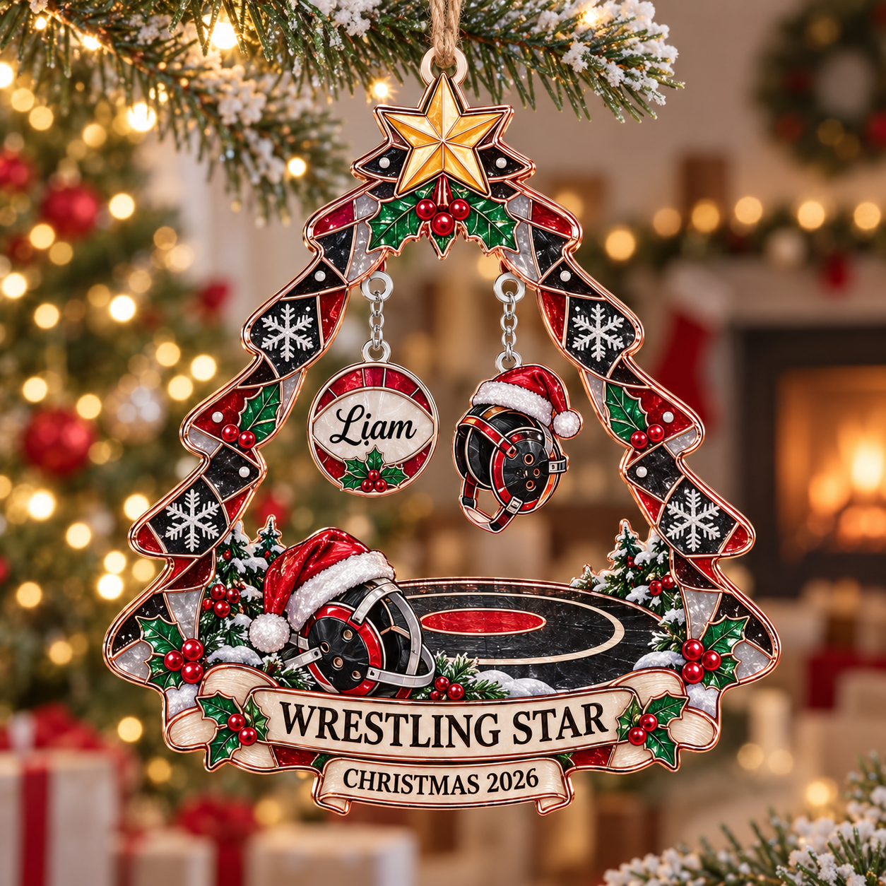 Stained-glass acrylic Christmas ornament with "WRESTLING STAR" and personalised name charms