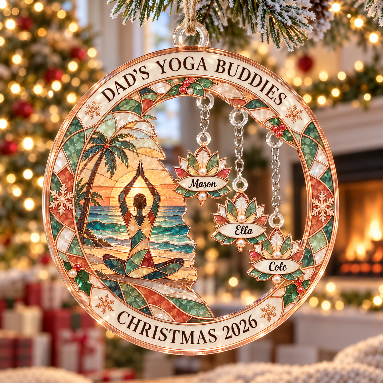 Stained-glass acrylic Christmas ornament with "DAD'S YOGA BUDDIES" and personalised name charms