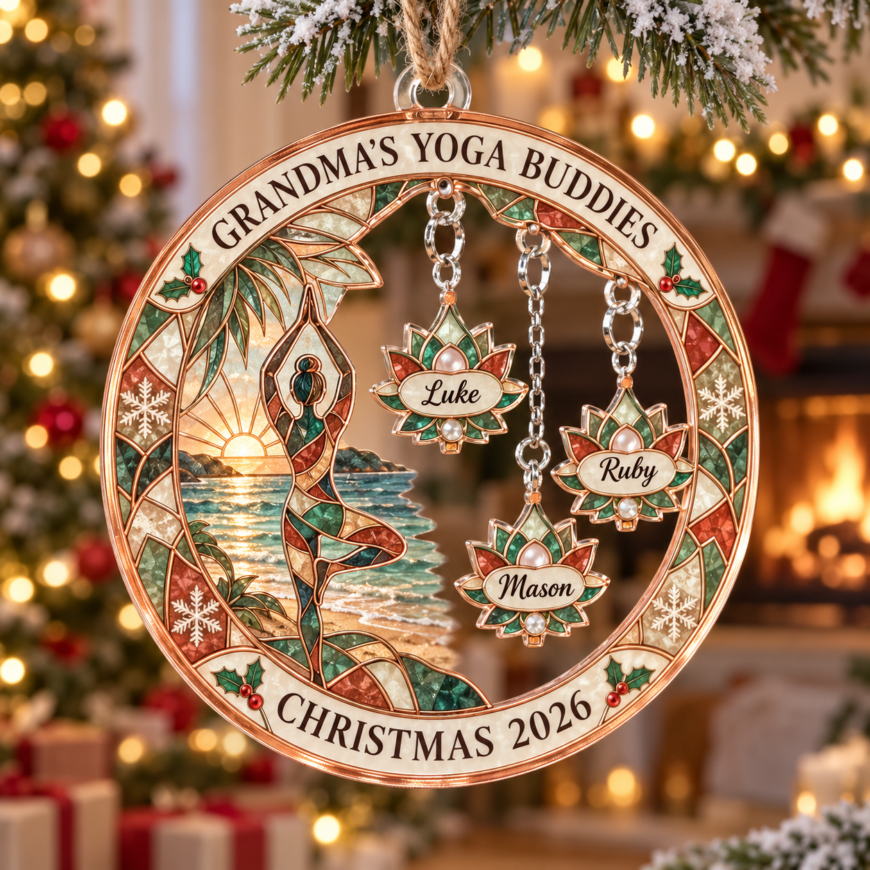 Stained-glass acrylic Christmas ornament with "GRANDMA'S YOGA BUDDIES" and personalised name charms