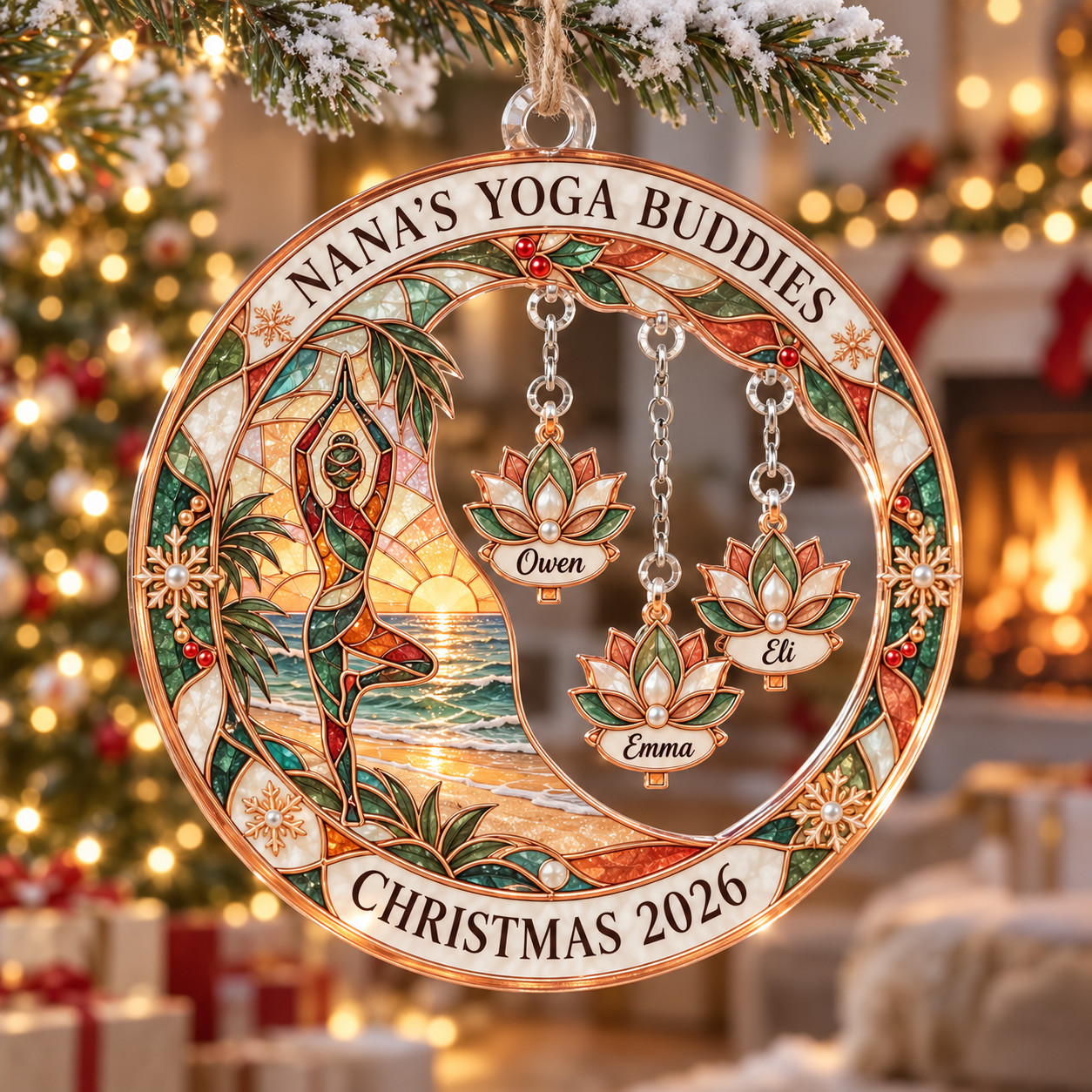 Stained-glass acrylic Christmas ornament with "NANA'S YOGA BUDDIES" and personalised name charms