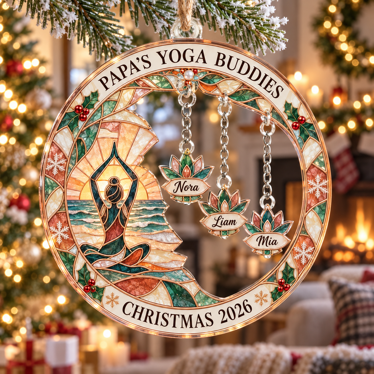 Stained-glass acrylic Christmas ornament with "PAPA'S YOGA BUDDIES" and personalised name charms