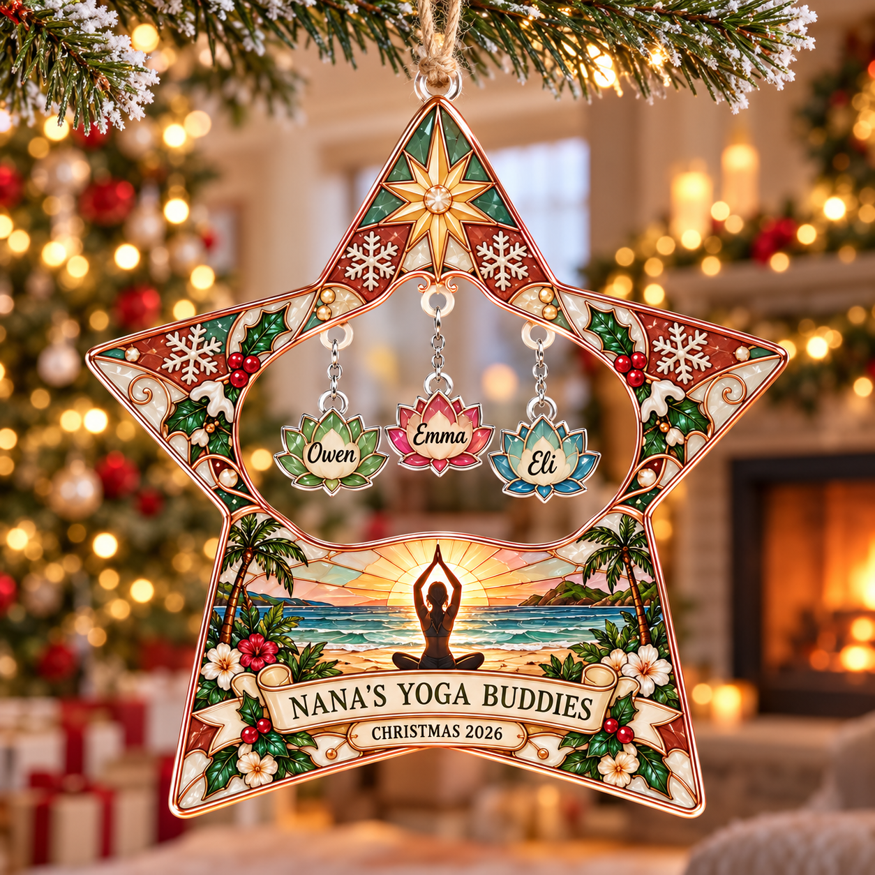 Stained-glass acrylic Christmas ornament with "NANA'S YOGA BUDDIES" and personalised name charms