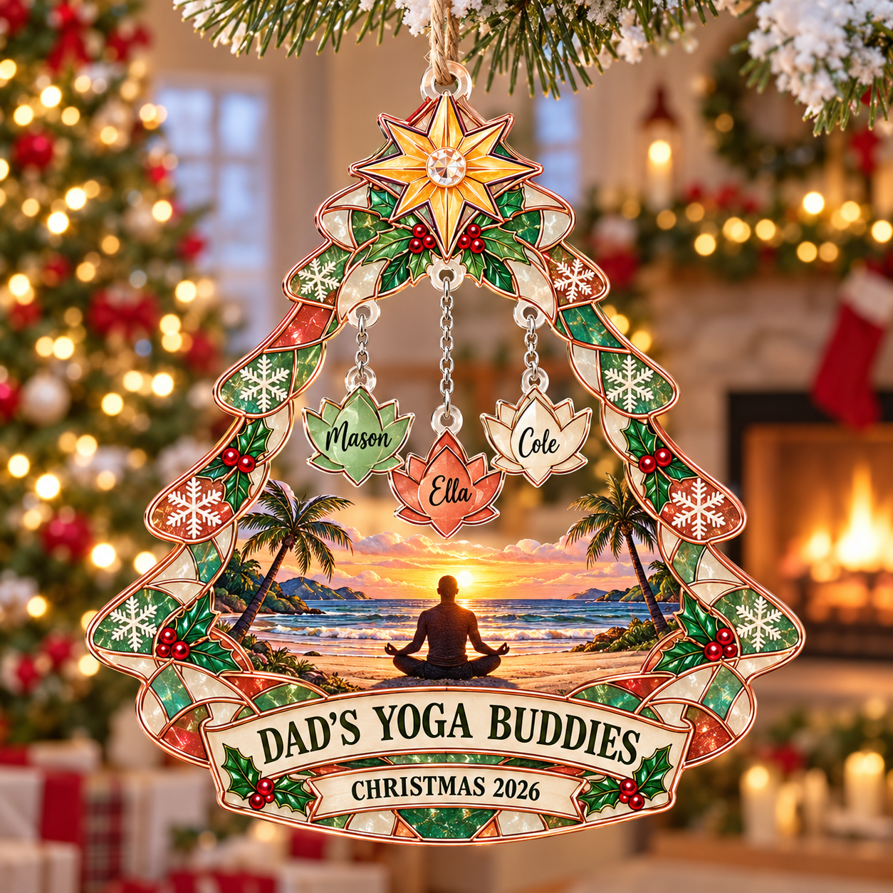 Stained-glass acrylic Christmas ornament with "DAD'S YOGA BUDDIES" and personalised name charms