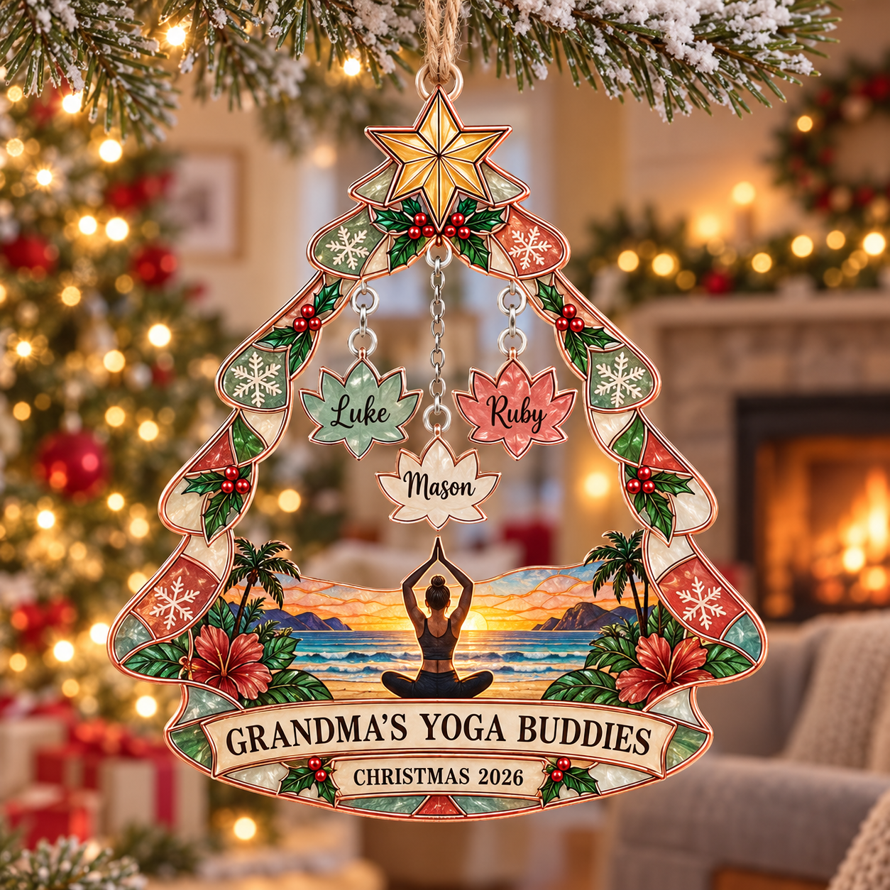 Stained-glass acrylic Christmas ornament with "GRANDMA'S YOGA BUDDIES" and personalised name charms
