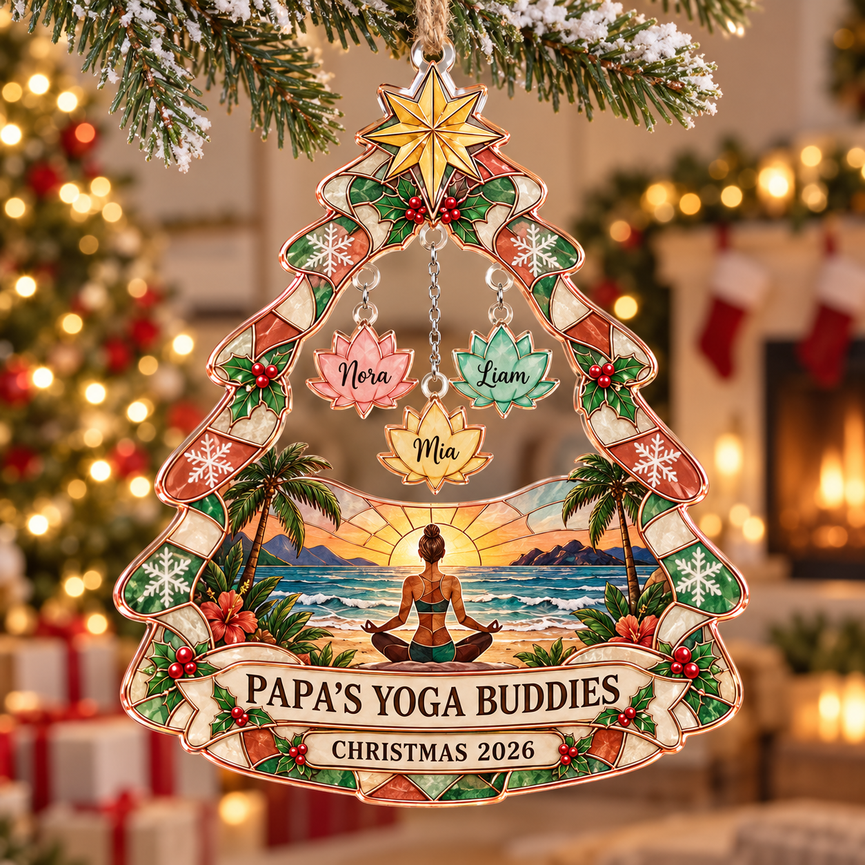 Stained-glass acrylic Christmas ornament with "PAPA'S YOGA BUDDIES" and personalised name charms