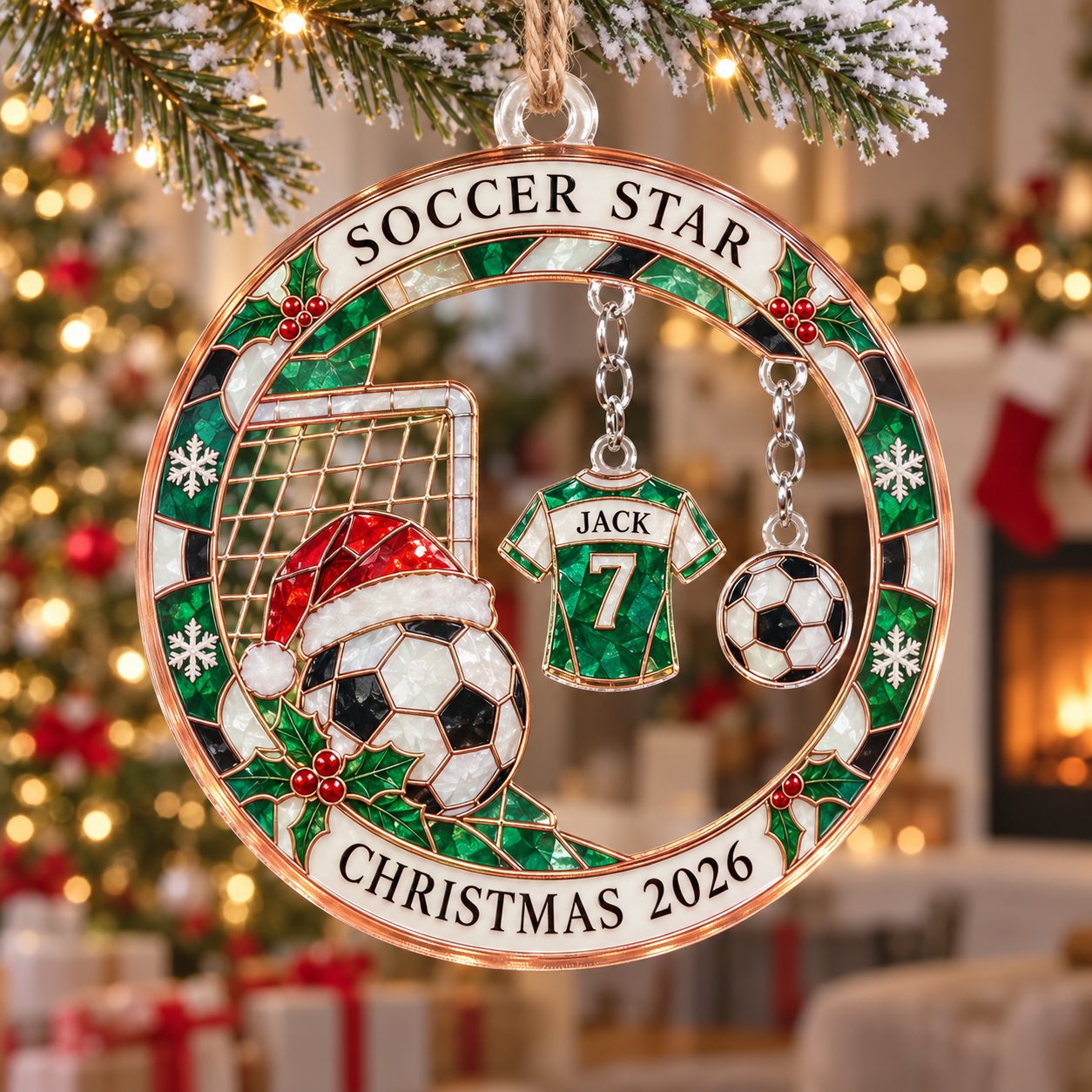 Stained-glass acrylic Christmas ornament with "SOCCER STAR" and personalised name charms