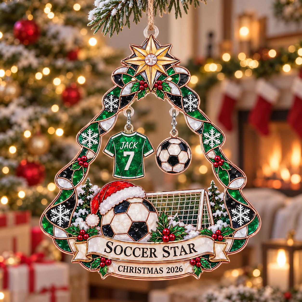 Stained-glass acrylic Christmas ornament with "SOCCER STAR" and personalised name charms