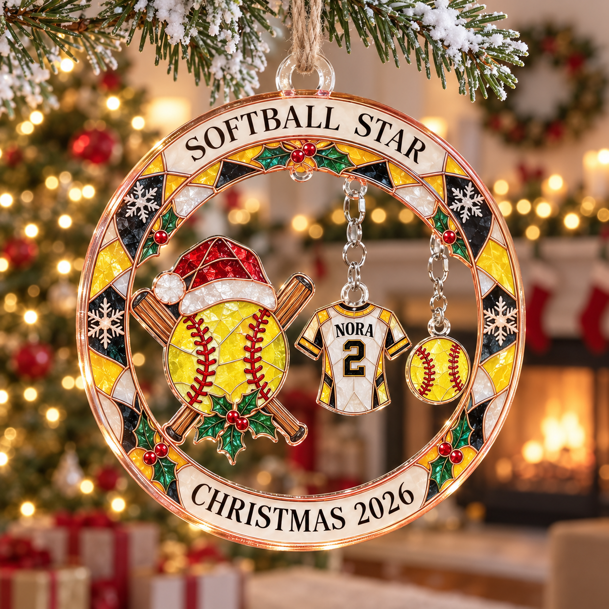 Stained-glass acrylic Christmas ornament with "SOFTBALL STAR" and personalised name charms