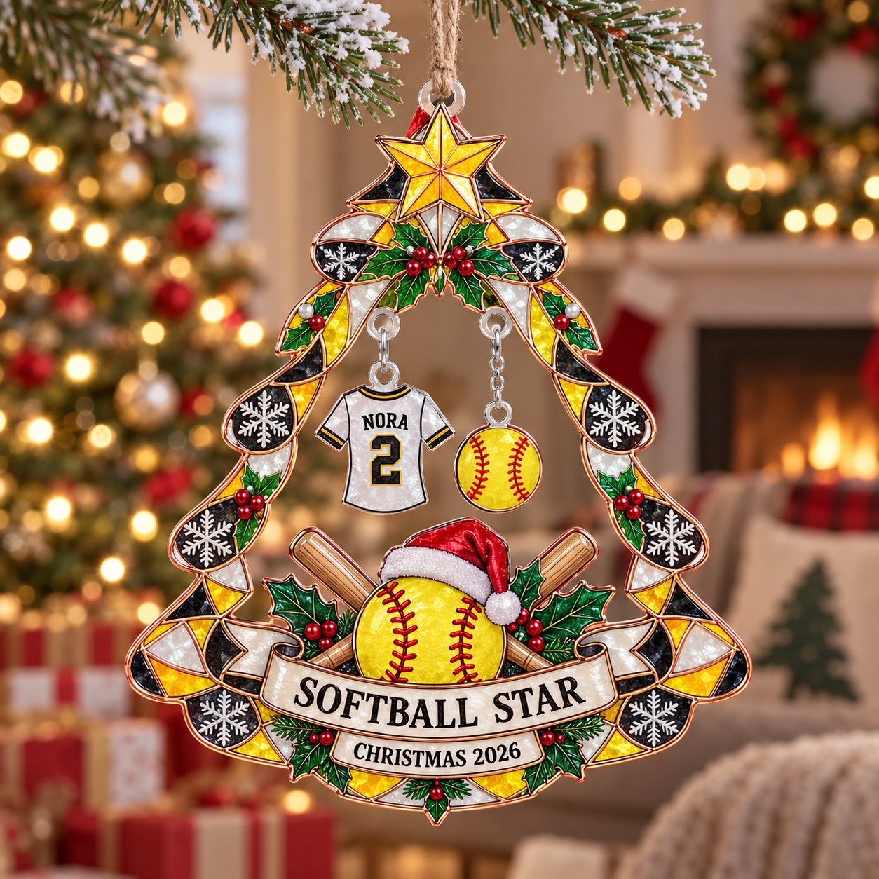 Stained-glass acrylic Christmas ornament with "SOFTBALL STAR" and personalised name charms