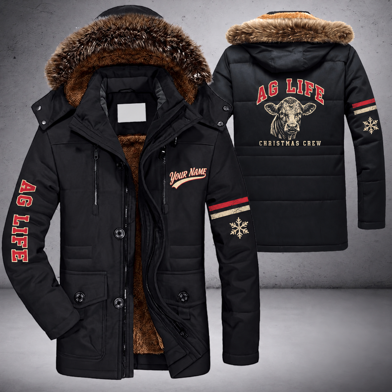 Black parka jacket with a faux-fur hood, snowflake and show steer head on the back, "AG LIFE" lettering and a custom name in script on the chest