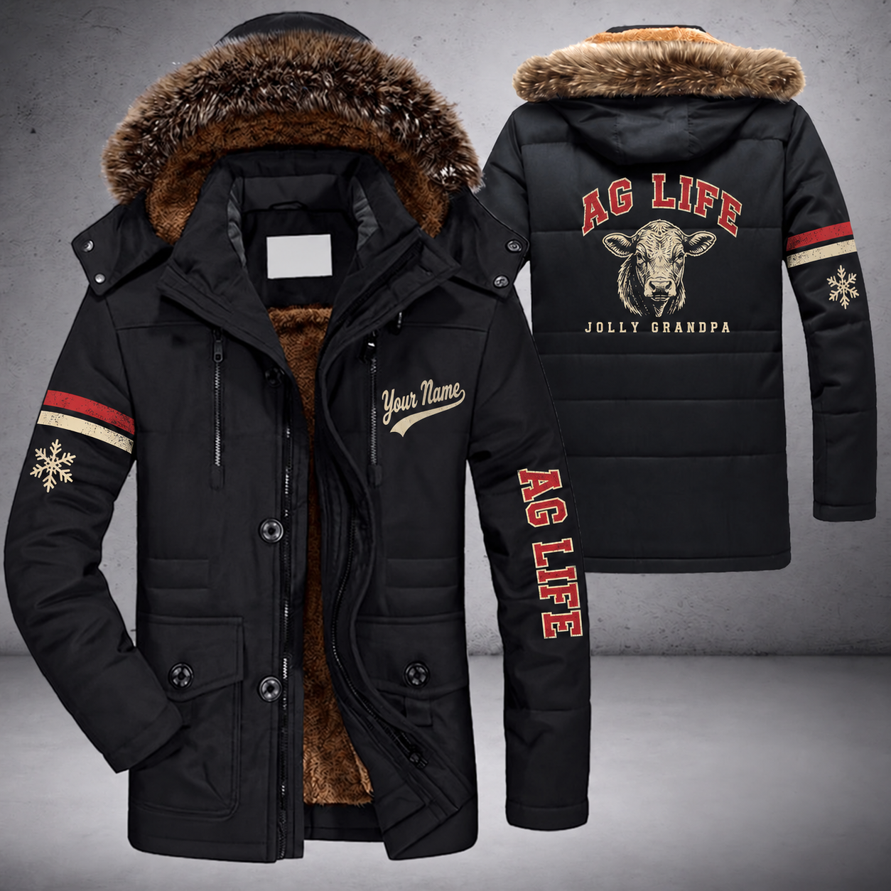 Black parka jacket with a faux-fur hood, snowflake and show steer head on the back, "AG LIFE" lettering and a custom name in script on the chest