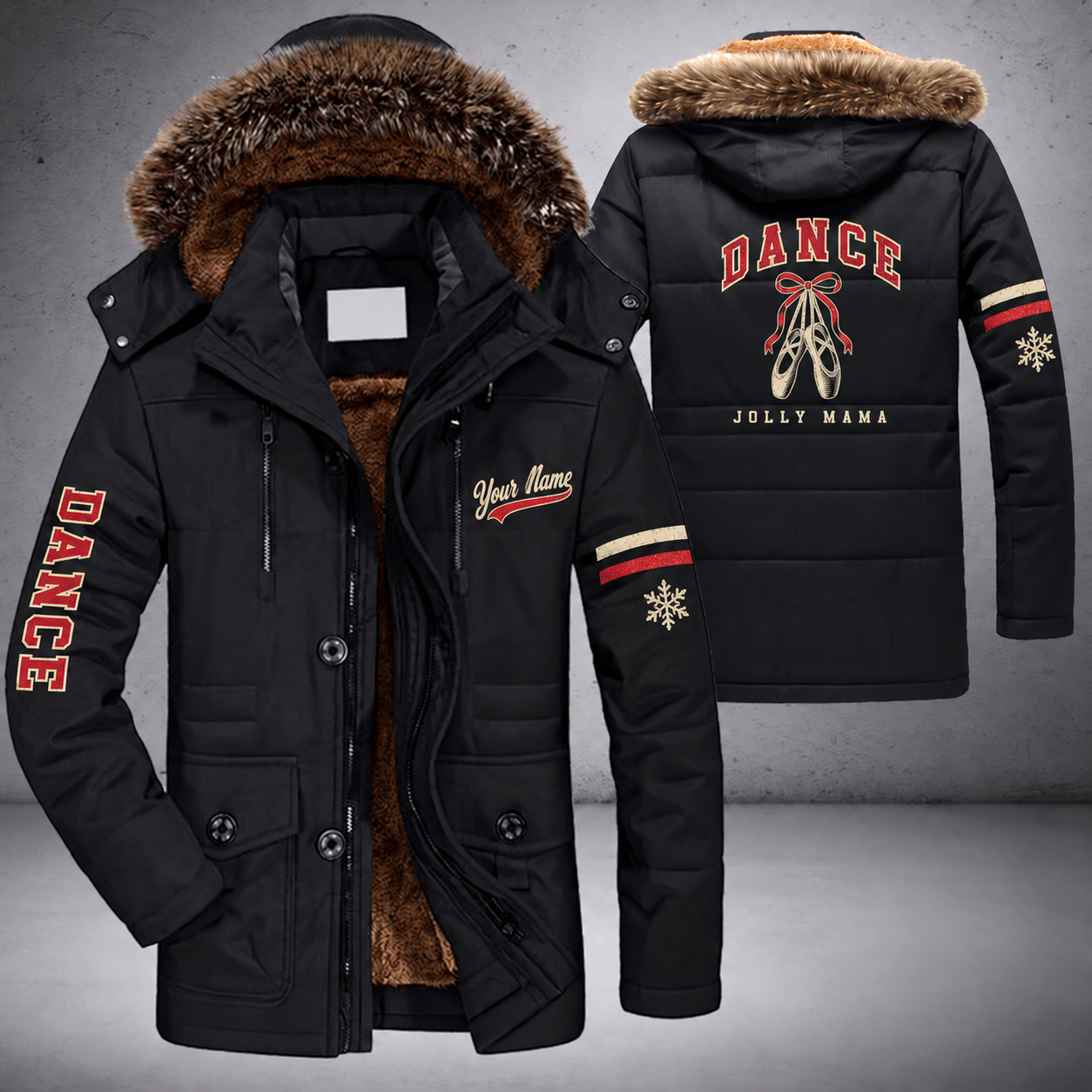 Black parka jacket with a faux-fur hood, snowflake and ballet slippers on the back, "DANCE" lettering and a custom name in script on the chest