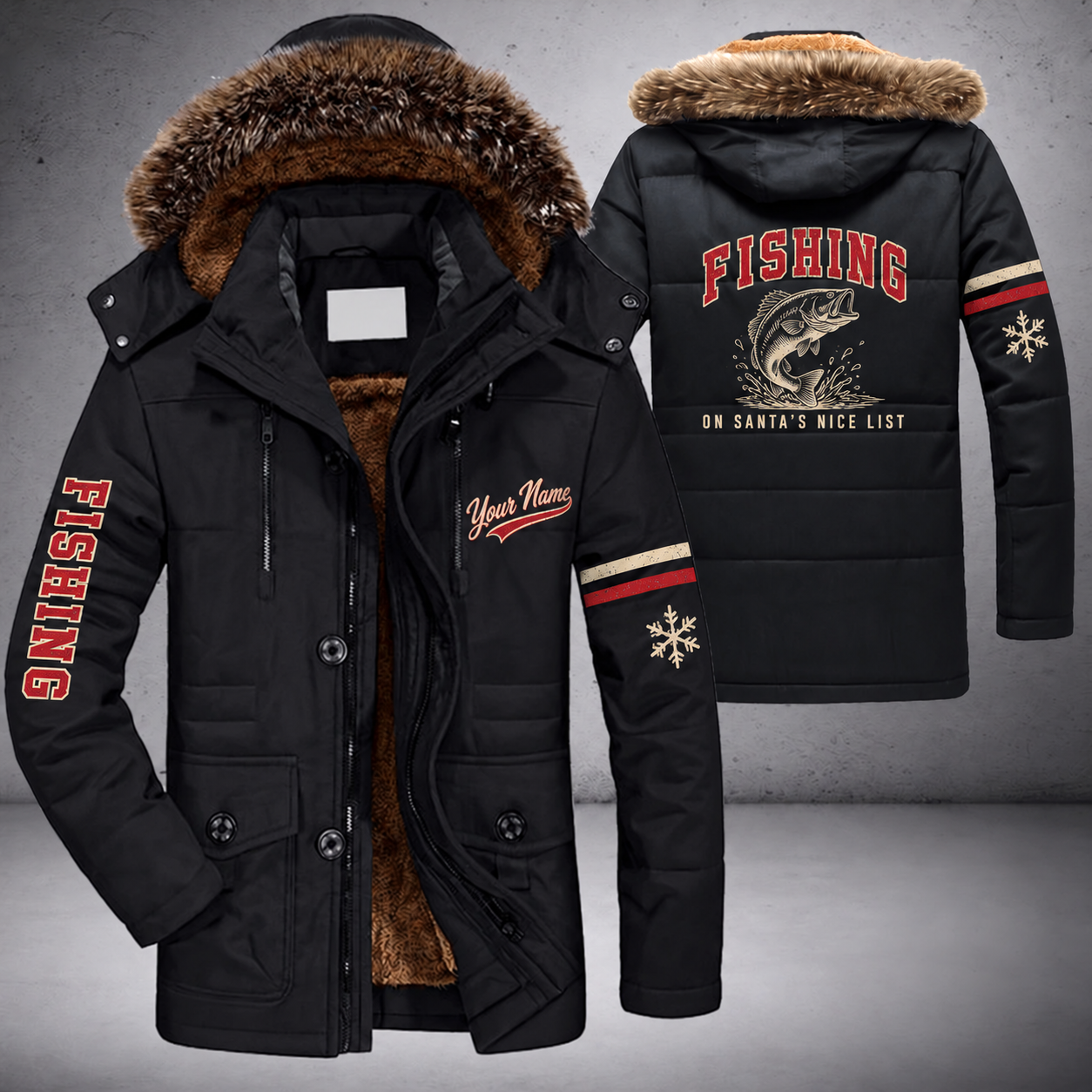 Black parka jacket with a faux-fur hood, snowflake and largemouth bass jumping on the back, "FISHING" lettering and a custom name in script on the chest