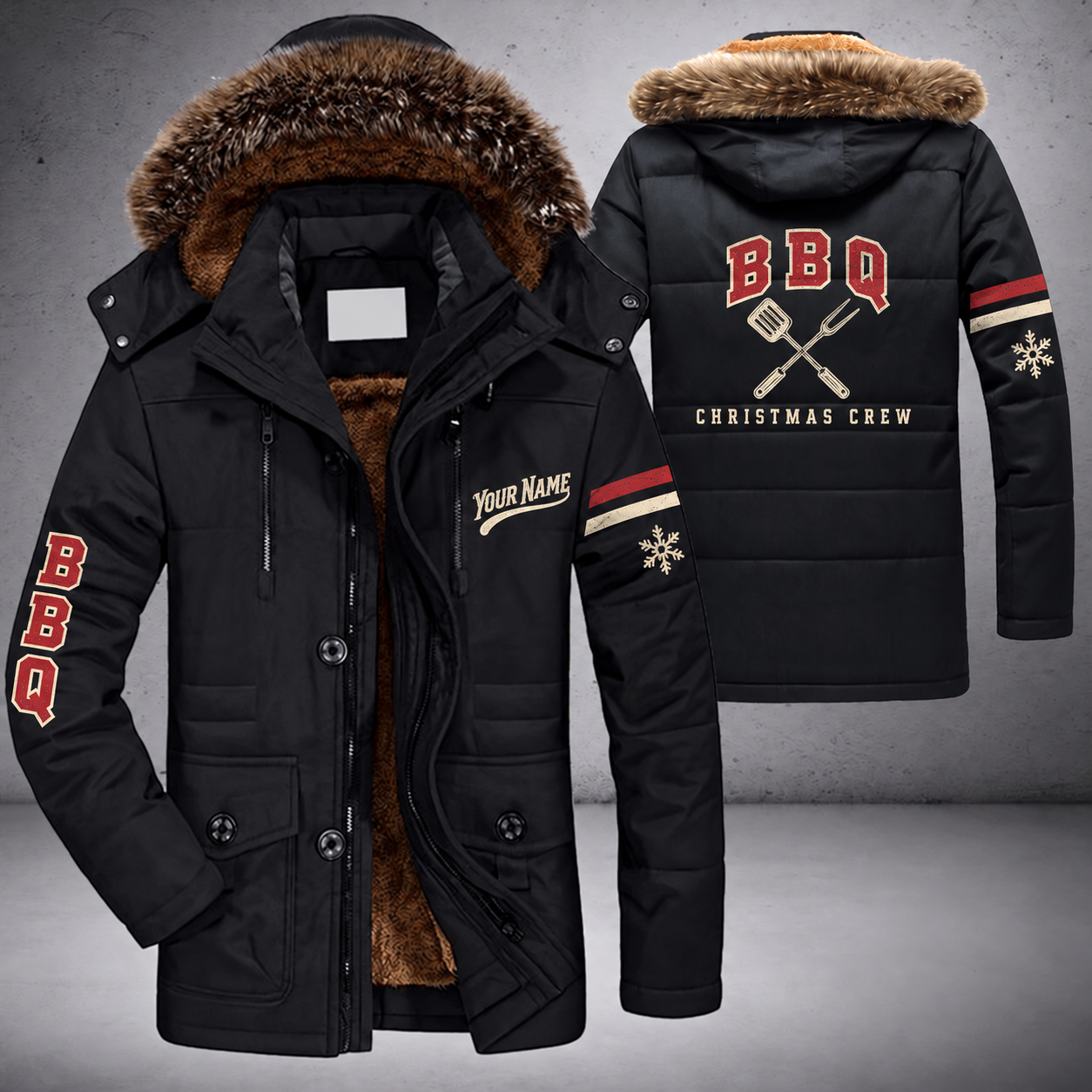 Black parka jacket with a faux-fur hood, snowflake and crossed spatula and fork on the back, "BBQ" lettering and a custom name in script on the chest