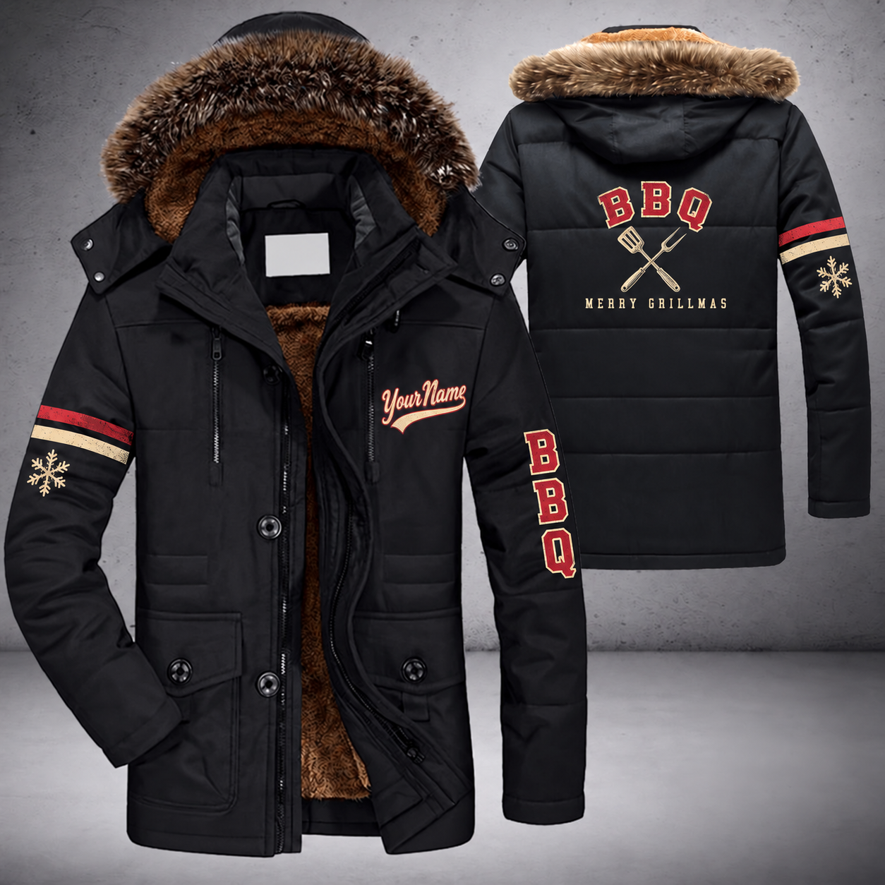 Black parka jacket with a faux-fur hood, snowflake and crossed spatula and fork on the back, "BBQ" lettering and a custom name in script on the chest